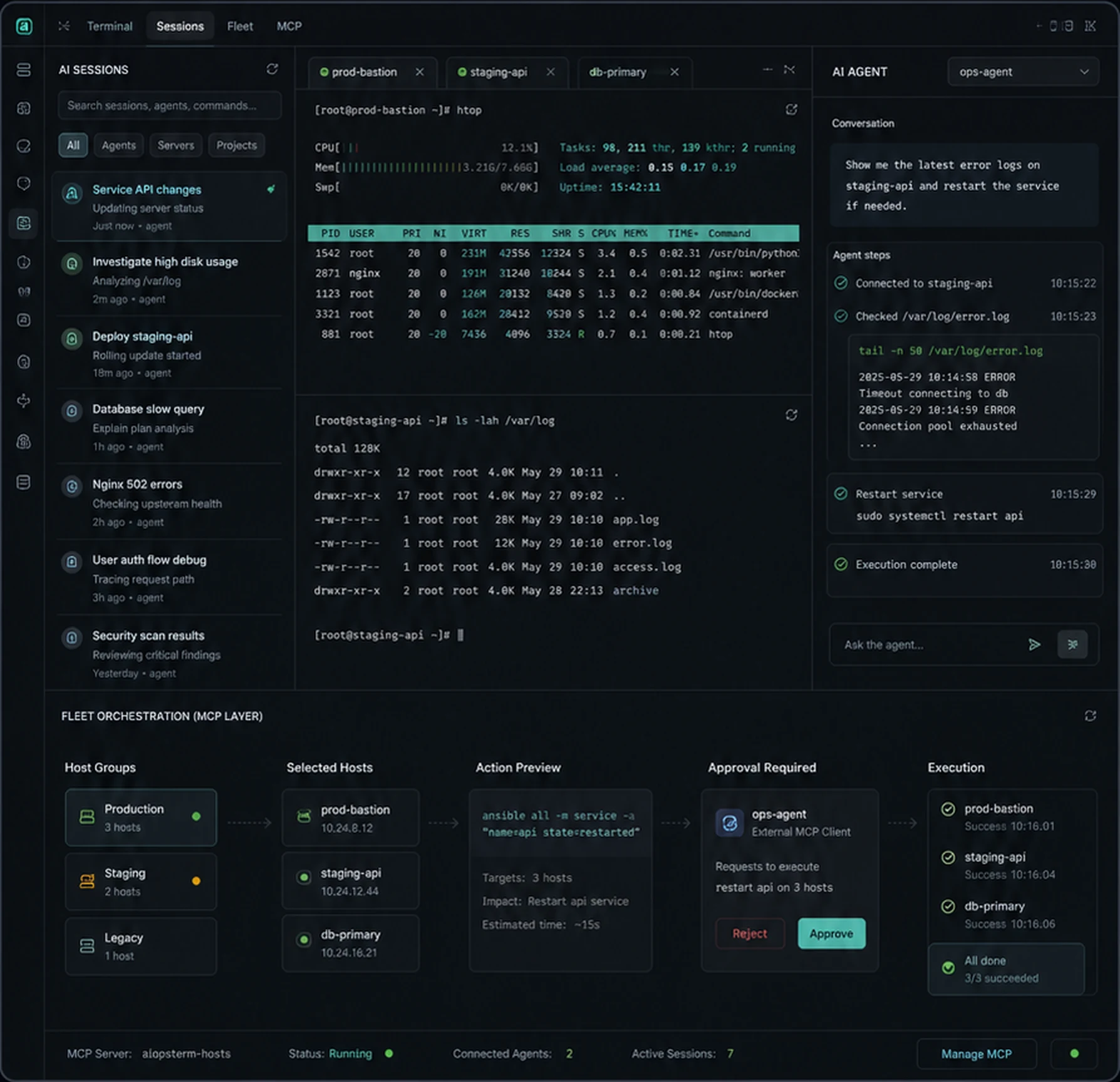 aiopsterm AI sessions, terminal, and MCP fleet orchestration workspace