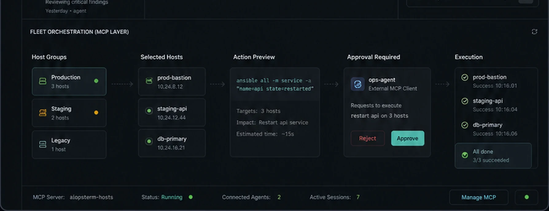 MCP multi-machine orchestration with human approval
